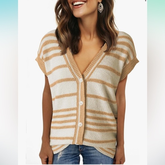 NWT Khaki and White Striped Button-Up Women's Sweater Vest Small  V Neck - Picture 1 of 7